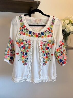 Anthropologie Vanessa Virginia Colorful Embroidered White Peasant Top 4